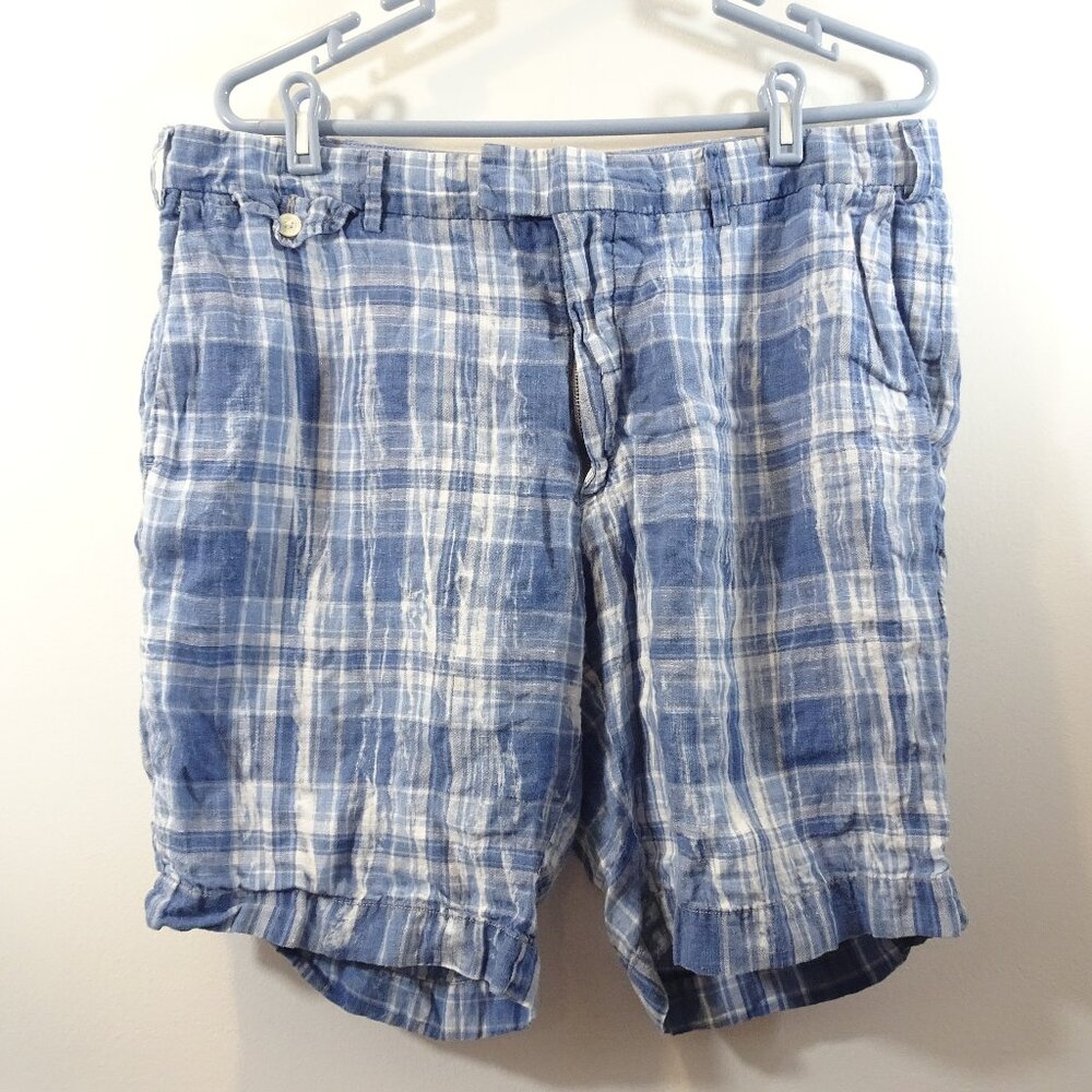 Ralph Lauren India Madras 100% Linen Shorts Classic Fit 9" Blue Plaid Mens 36